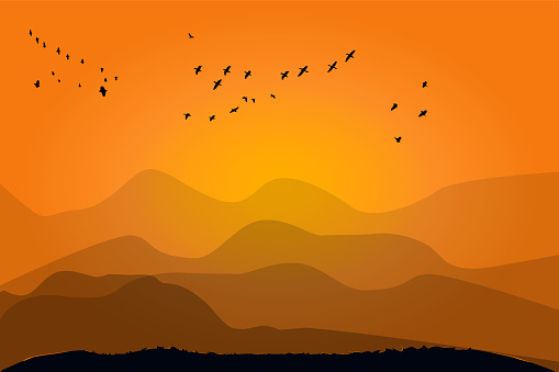 Abstract scenery, mountain, grass, birds and sunrise or afterglow. Evening or sunup scene. Stock vector illustration