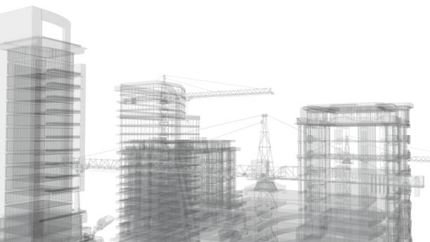 Construction site with a tower crane and construction equipment. Construction of residential buildings. Panoramic view of the construction of skyscrapers. Landscape with a modern city. abstraction, 3d