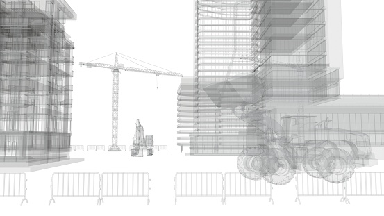 Construction site with a tower crane and construction equipment. Construction of residential buildings. Panoramic view of the construction of skyscrapers. Landscape with a modern city. abstraction, 3d