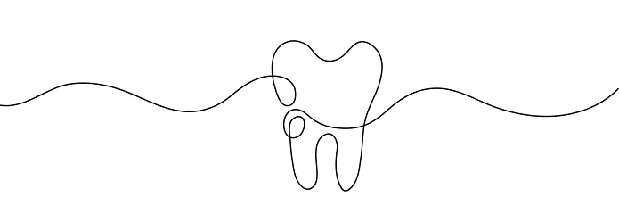 Tooth icon vector in continuous line drawing style. Caries, tartar or tooth cyst treatment icon vector. Dental crown and filling, whitening of teeth. Removal tooth and x-ray.