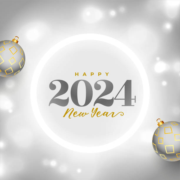 크리스마스 볼이 있는 빛나는 스타일 2024 새해 회색 배경 - happy new year 2024 stock illustrations