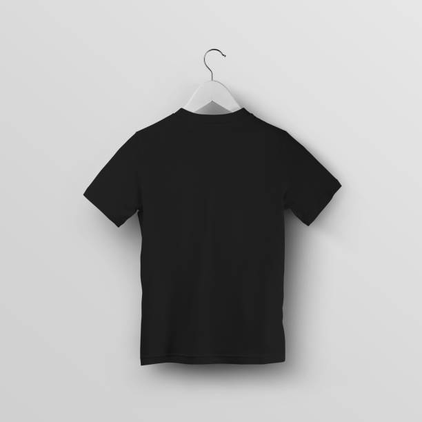 istock Mockup of a black children's t-shirt on a hanger, back view, for design, pattern. 1654525732