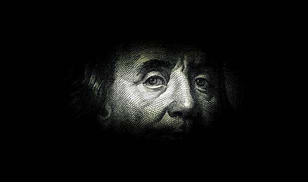 Ben Franklin's face on the old US $100 dollar bill. Macro grunge style photo. Large resolution, large size, high quality. stock photo