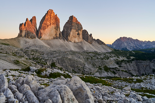 Sunset on the Tre Cime di Lavaredo, also known as Drei Zinnen. Sexten Dolomites. Sesto Municipality. Bolzano Province. Trentino-Alto Adige. Italy.