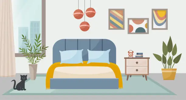 Vector illustration of Cozy bedroom. Bedroom interior: bed, carpet, potted plants, paintings, window overlooking the city. The kitten is sitting on the floor. Interior concept. Vector flat illustration.