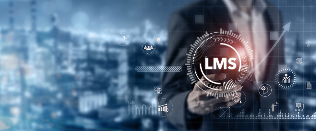 LMS - Learning Management System concept. Online learning platform. Employee using mobile learning, online, e learning application with content delivery and measured the effectiveness of training.