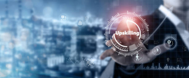 Upskilling technological advances concept. Learning new and enhanced skills for career development. By taking online courses, training, attending conferences or pursuing additional certifications.