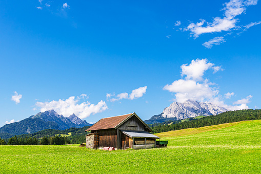 Hay hut in the Humpback Meadows between Mittenwald and Kruen, Germany.