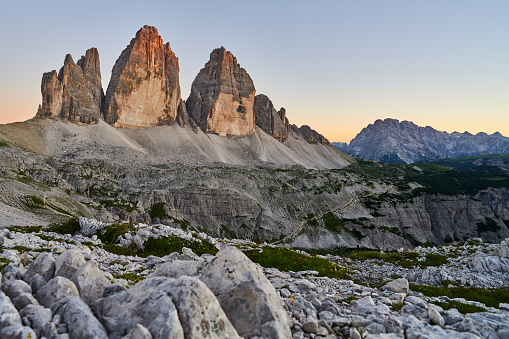 Sunset on the Tre Cime di Lavaredo, also known as Drei Zinnen. Sexten Dolomites. Sesto Municipality. Bolzano Province. Trentino-Alto Adige. Italy.