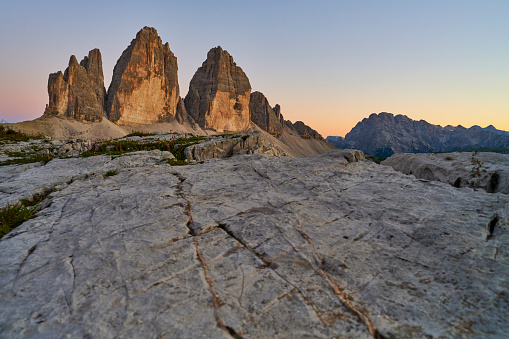 Sunset on the Tre Cime di Lavaredo, also known as Drei Zinnen. Sexten Dolomites. Sesto Municipality. Bolzano Province. Trentino-Alto Adige. Italy.