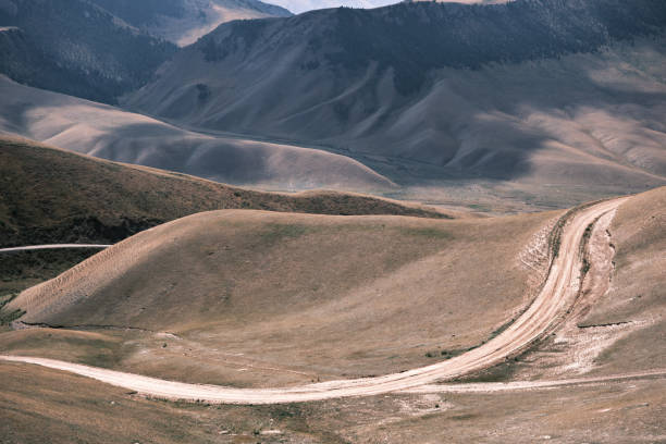 High angle view of mountain winding road (Naryn region, Kyrgyzstan)