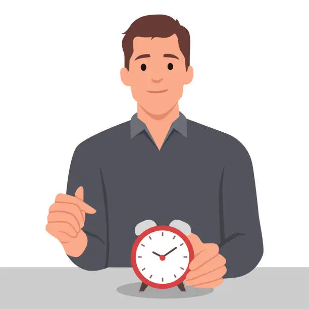 Vector illustration of Smiling man points finger at alarm clock to remind of beginning or end of lunch break. Concept time management and control over optimal use of working period.