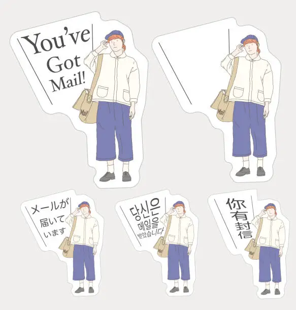 Vector illustration of You’ve Got Mail stickers, ready to use, die cut, English, Japanese, Korean and Chinese languages including blank for your own language for your e-commerce shipping or delivery package or parcels.