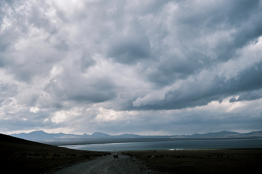 View of highland lake under cloudy sky (Song-Kul lake, Naryn region, Kyrgyzstan)