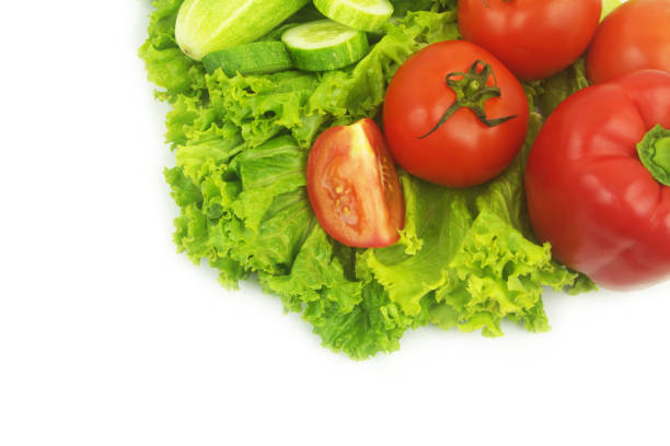 Fresh cucumbers and tomatoes on salad leaves background isolated on white. Copy space for text.