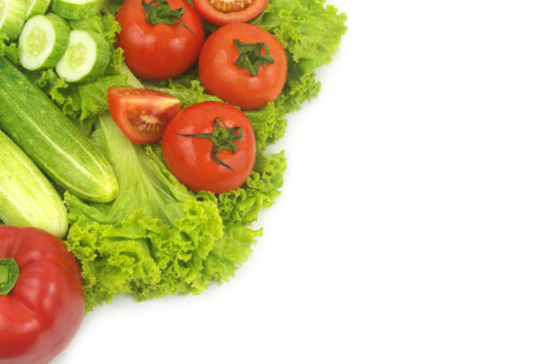Fresh cucumbers and tomatoes on salad leaves background isolated on white. Copy space for text.