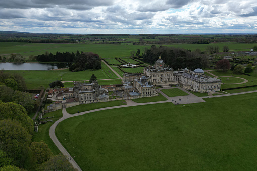 aerial view of Castle Howard Gardens and Lake. Castle Howard is a baroque style 18th-century stately home in North Yorkshire. England
