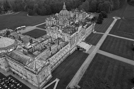 aerial view of Castle Howard Gardens and Lake. Castle Howard is a baroque style 18th-century stately home in North Yorkshire. England