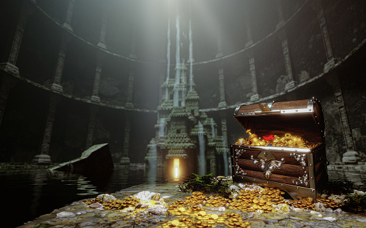 Treasure chest, ancient pirate style, full of valuables, treasures, gold. Mysterious ancient castle in a cave. The concept of finding ancient treasures, fantasy style. There are valuables of gold. 3d rendering