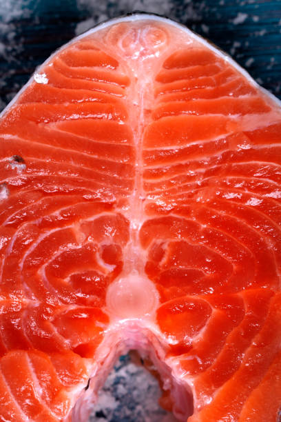 Raw trout steak on salt. Close-up