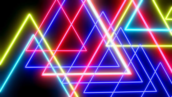 Abstract background multicolored triangles, neon glow colors, dynamic abstract colorful wallpaper on black