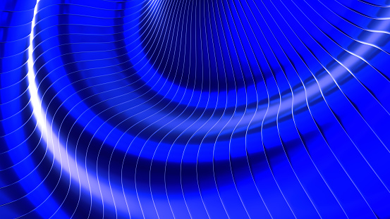 Abstract background, 3d blue color wavy stripes pattern, interesting spiral architectural minimal wallpaper, 3D render illustration.
