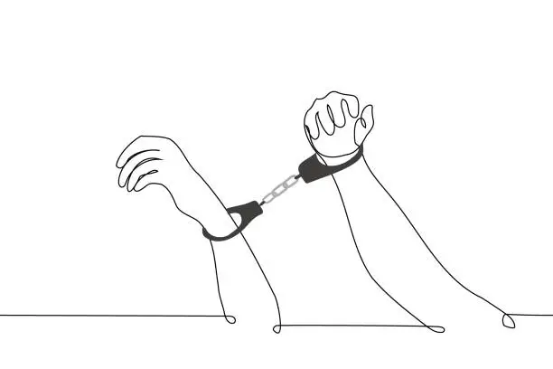 Vector illustration of hands of two people are blocked by handcuffs - one line art vector. concept handcuffed hands, a metaphor to be together forever