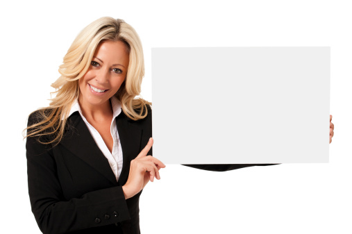 Businesswoman with Sign Isolated on White Background