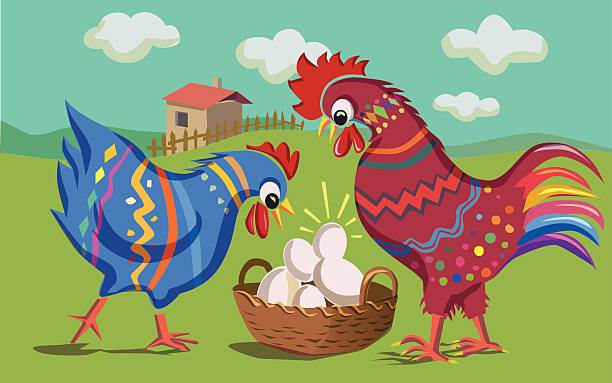 Easter in the garden with hen, rooster and eggs vector art illustration