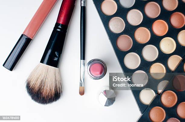 Colorful Eyeshadows Lipstick And Makeup Brushes Stock Photo - Download Image Now - Artist's Palette, Beauty, Beauty Product