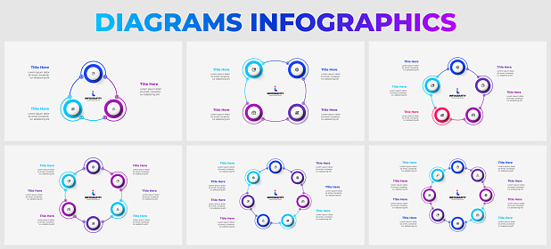 Set of infographic presentation slides. Cycle diagrams with 3, 4, 5, 6, 7 and 8 steps, options, parts or processes. Vector illustration for business data visualization.