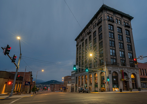 Butte, Montana, USA – August 18, 2023:  Night view of the Metal Bank and Trust Company Building in the downtown district