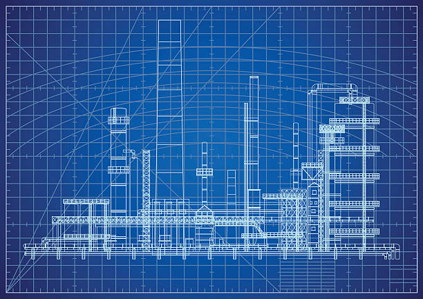 ölraffinerie technische zeichnung - fabrik grafiken stock-grafiken, -clipart, -cartoons und -symbole