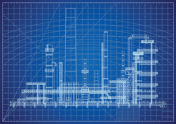 ölraffinerie technische zeichnung - petrochemical plant stock-grafiken, -clipart, -cartoons und -symbole