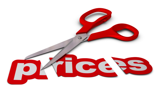 word prices cut in three parts with red scissors, white background
