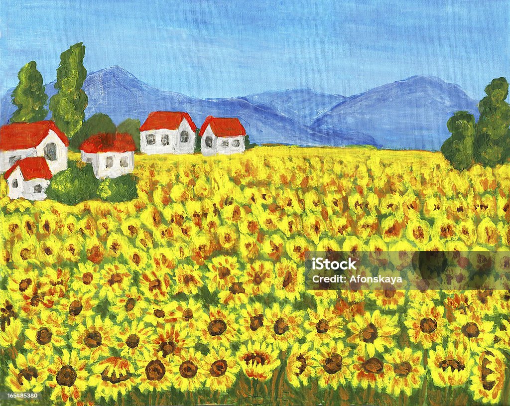 フィールドに sunflowers - アクリル画のロイヤリティフリーストックイラストレーション