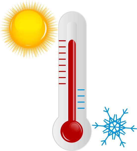 ilustrações de stock, clip art, desenhos animados e ícones de ícones do tempo com o sol, floco de neve e termómetro - weather climate cyclone icon set