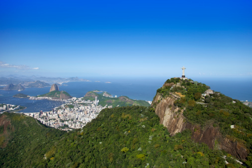 Corcovado mountain and Christ the Redeemer at the top and Sugarloaf 