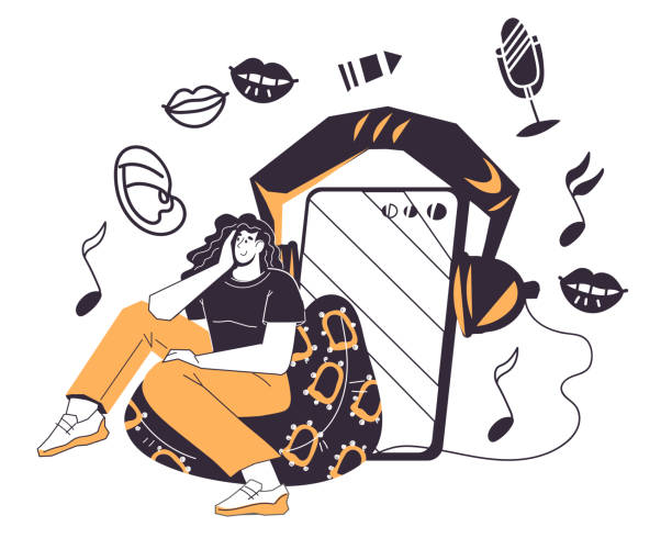 istock Podcasting banner or logo with woman listening audio content online, vector. 1654861707