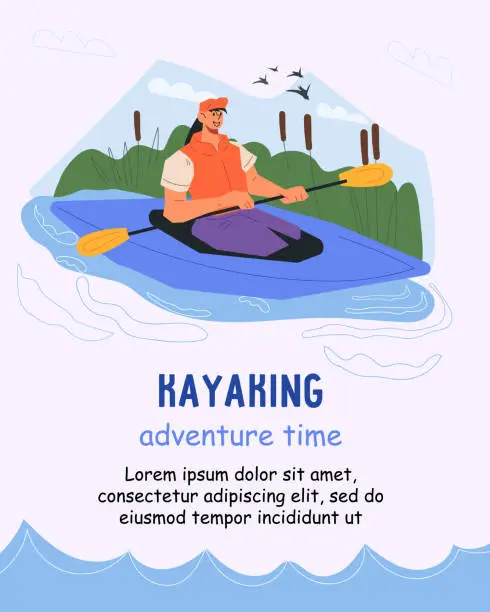 Vector illustration of Banner or poster with woman tourist on a kayak, flat cartoon vector illustration.