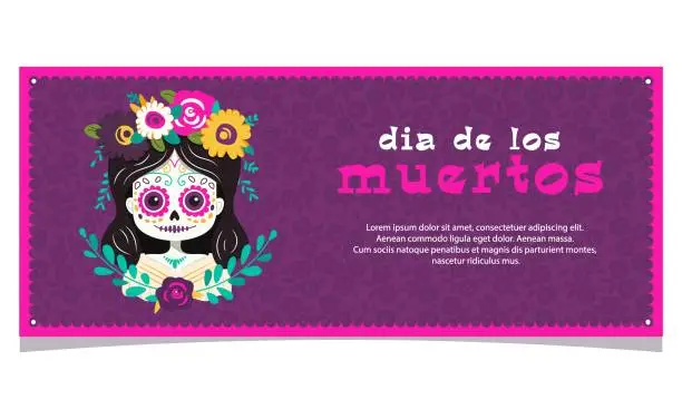 Vector illustration of Postcard banner greeting Mexican day of the dead holiday with illustration of a dead skeleton girl with flowers on her head in pink and purple shades. Festive flyer with text.