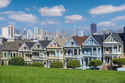 Famous view of  downtown San Francisco at Alamo Square in CA, USA