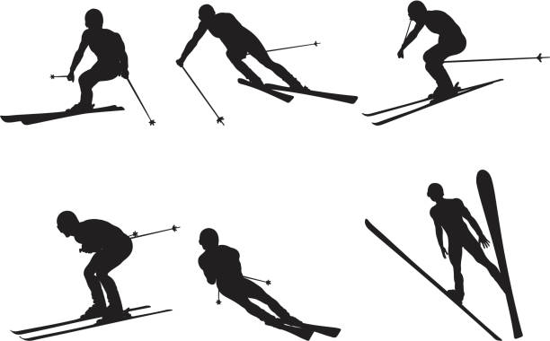 Downhill Skier Silhouettes of a downhill skier. comic skier silhouette stock illustrations