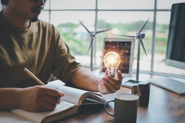 istock Knowledge in education, inspiration and imagination in technology natural energy ideas. 1654867381