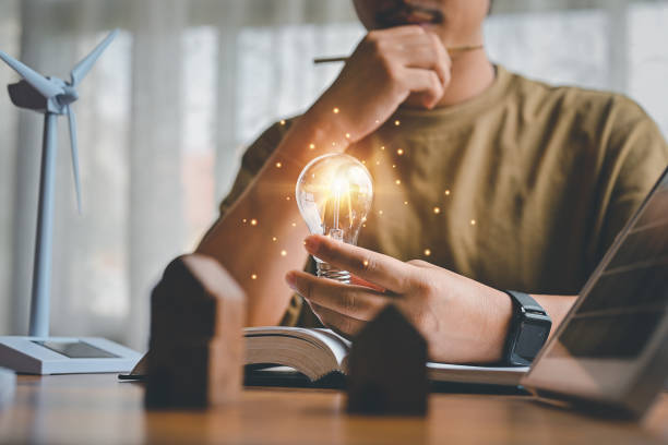istock Knowledge in education, inspiration and imagination in technology natural energy ideas. 1654867386