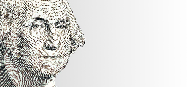 Banner with portrait of First US president George Washington. Business, money concept. Copy space