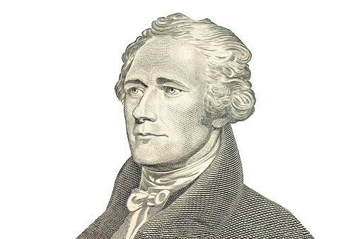 Alexander Hamilton face portrait on white background. US ten or 10 dollars bill