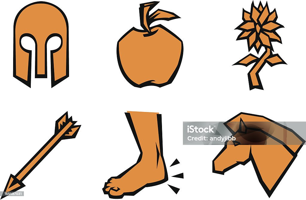 Symbols of the Iliad Six iconic symbols from Homer's Iliad.  Achilles' Armour, Paris' Golden Apple, Ajax's Hyacinth, Heracles' Arrow, Achilles' Heel and the Trojan Horse. Colours can be easily changed. Achilles stock vector