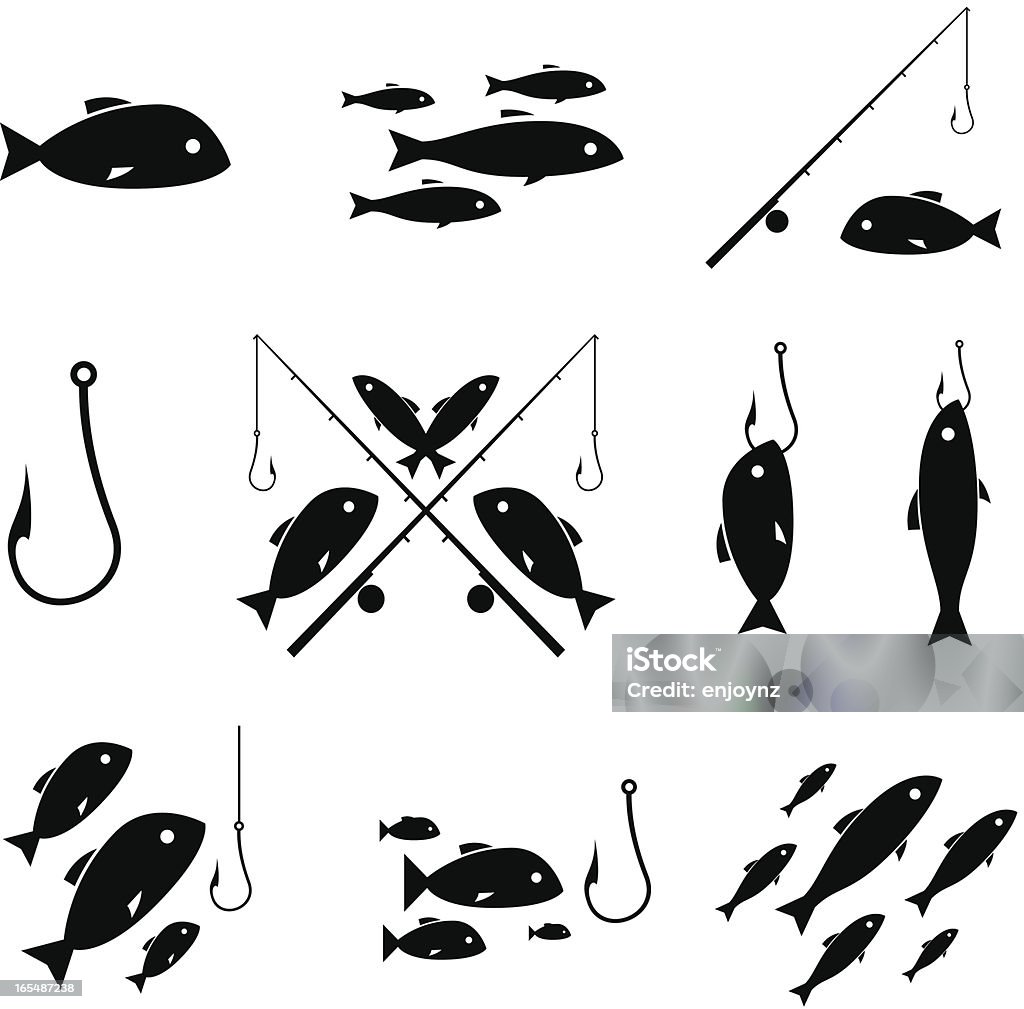fishing icons fish, rod and reel icons Fishing Rod stock vector
