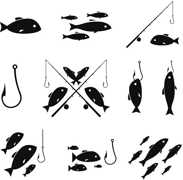 fishing icons fish, rod and reel icons fishing hook illustrations stock illustrations